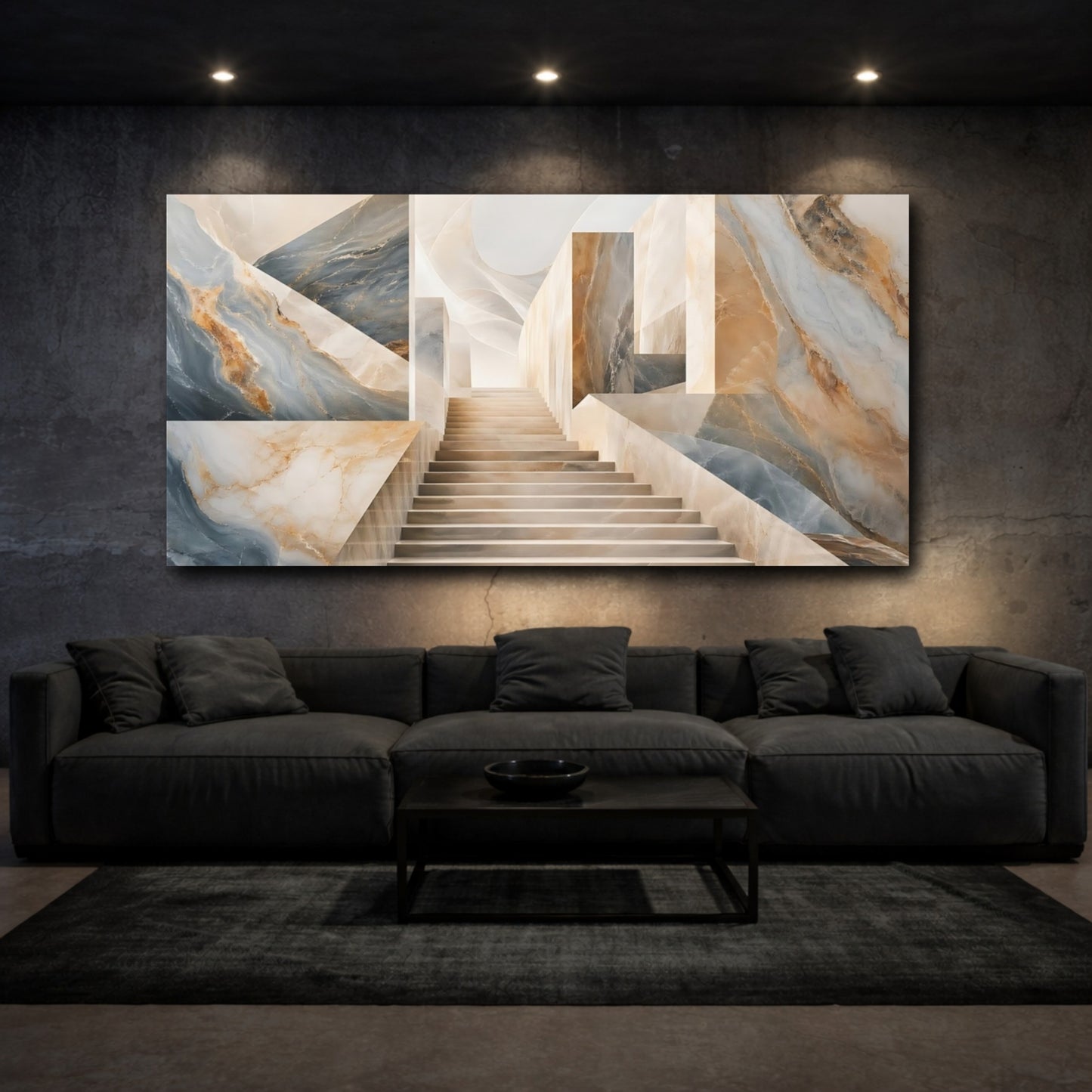 Mockup 2. Abstract Marble Staircase Blue And Gold Marble shown as stretched canvas wall art