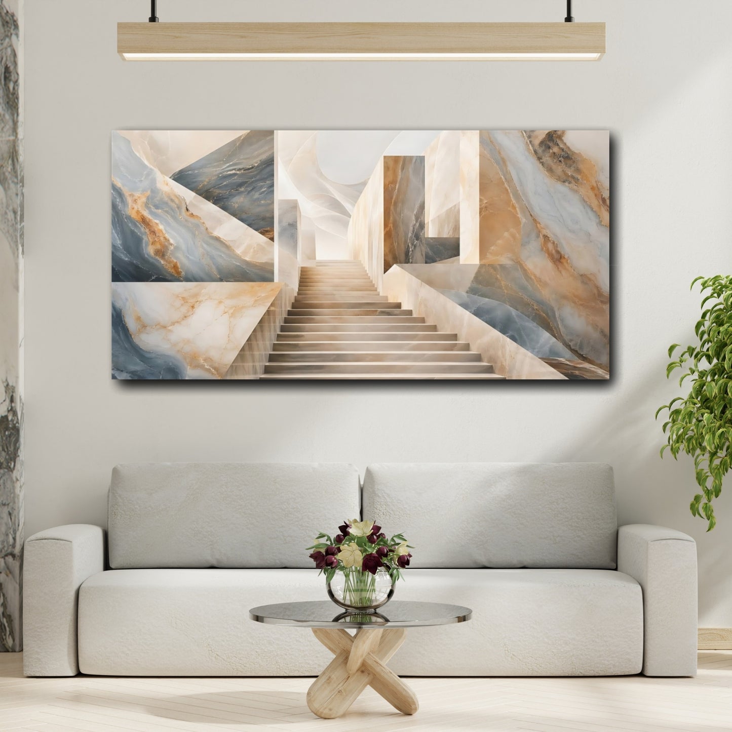 Mockup 3. Abstract Marble Staircase Blue And Gold Marble shown as stretched canvas wall art