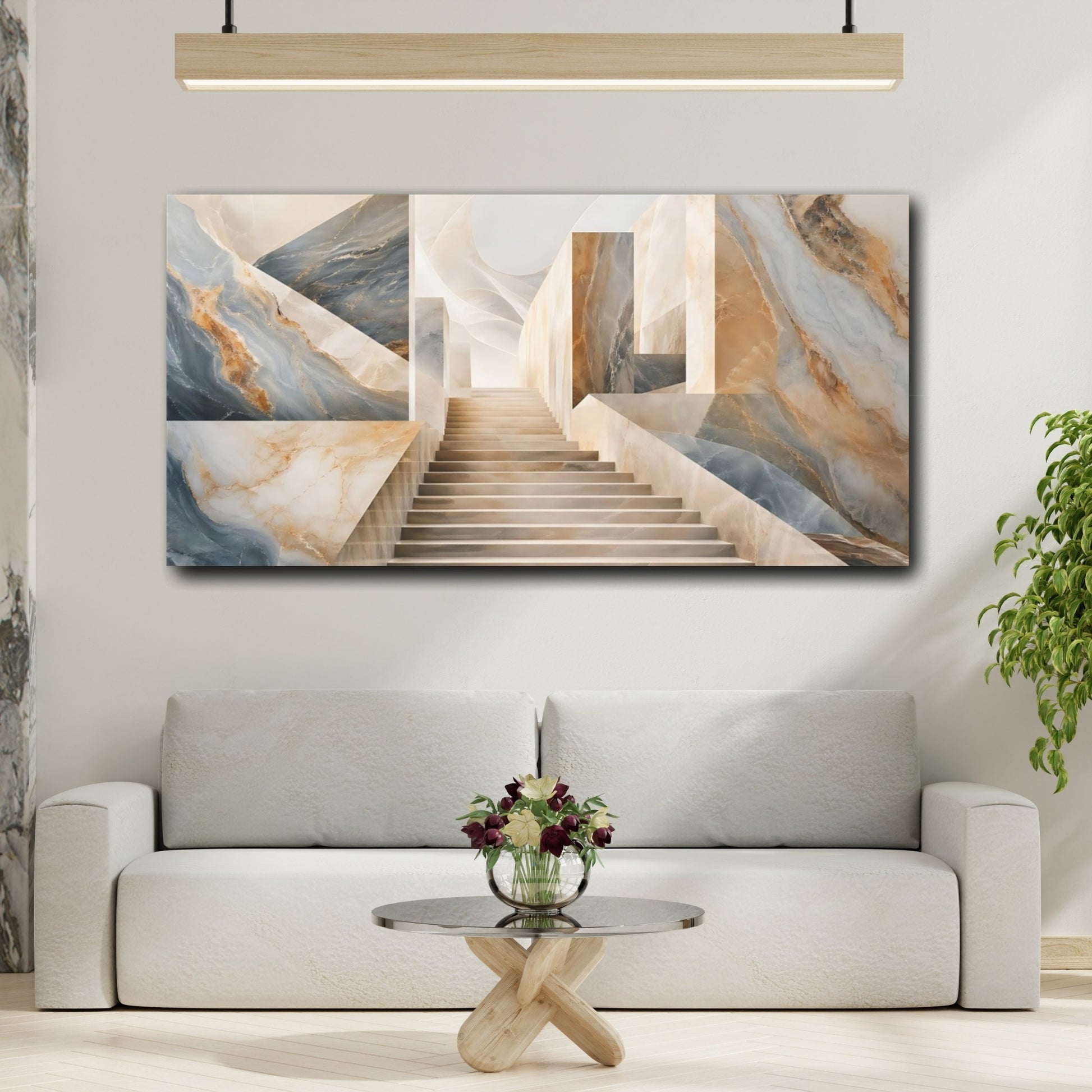Mockup 3. Abstract Marble Staircase Blue And Gold Marble shown as stretched canvas wall art
