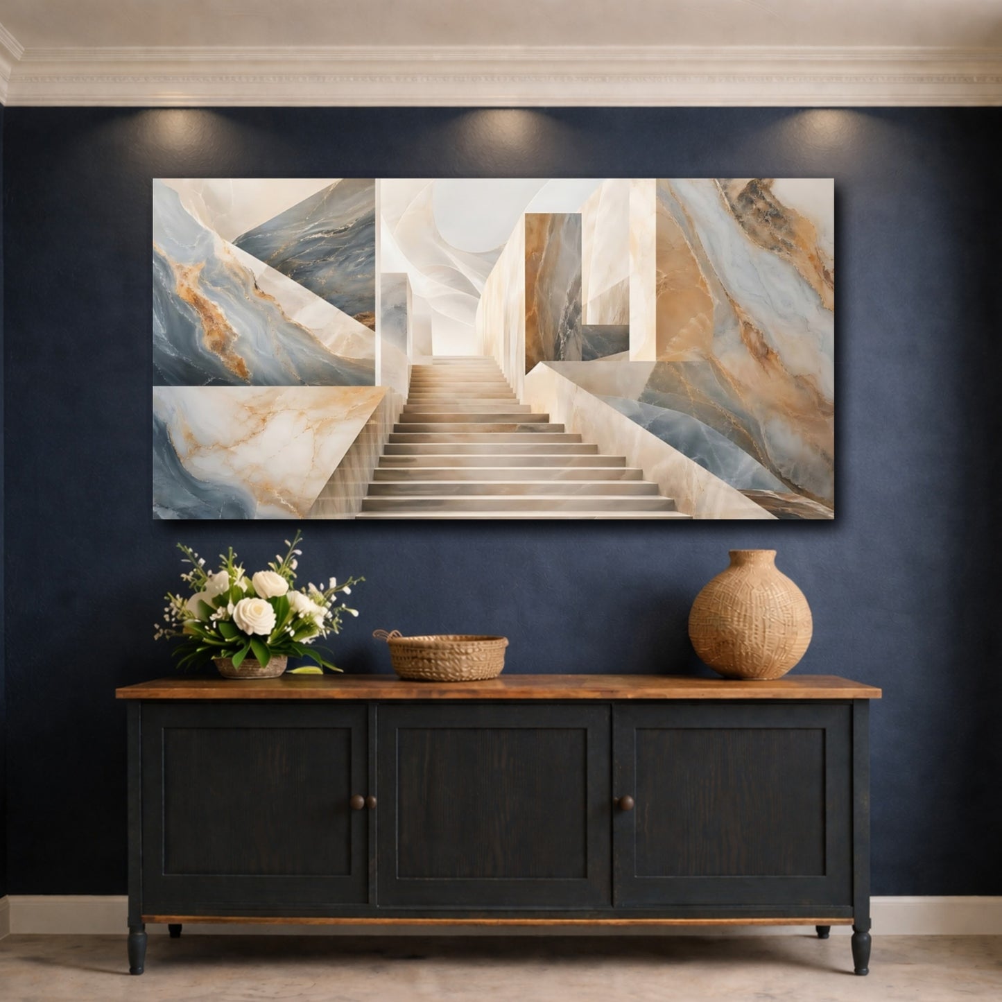 Mockup 4. Abstract Marble Staircase Blue And Gold Marble shown as stretched canvas wall art