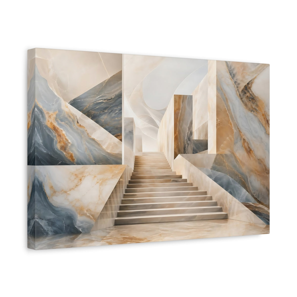 Side Mockup 4. Abstract Marble Stairs Blue And Beige Marble shown as stretched canvas wall art