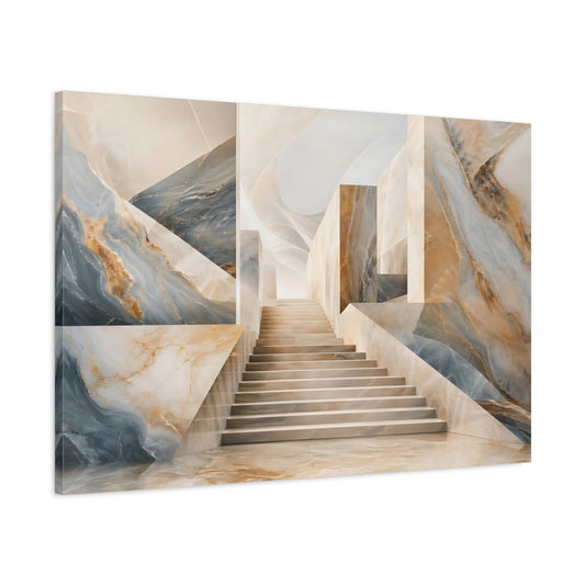 Main Mockup. Abstract Marble Stairs Blue And Beige Marble shown as stretched canvas wall art