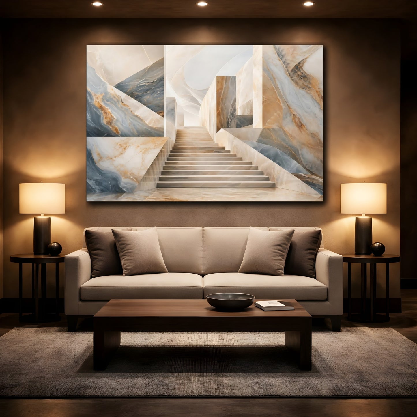 Mockup 2. Abstract Marble Stairs Blue And Beige Marble shown as stretched canvas wall art