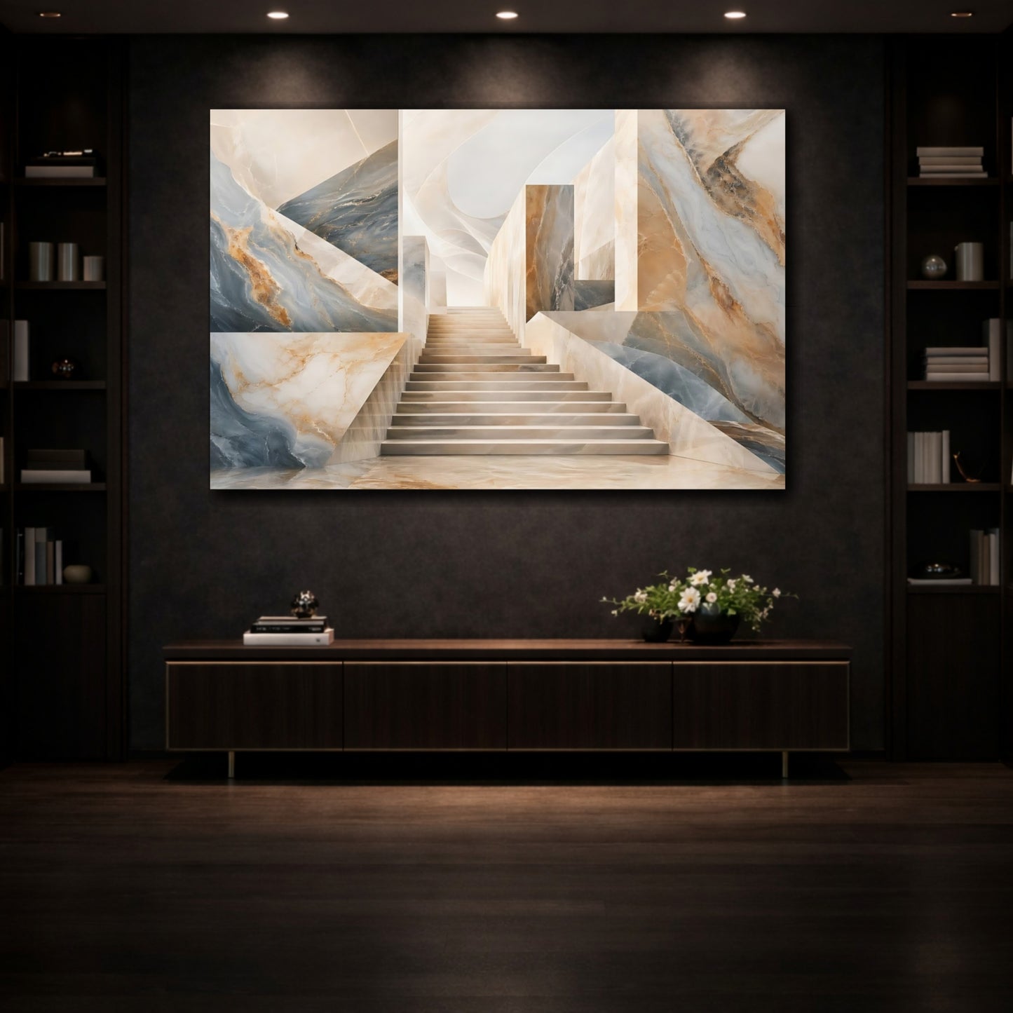 Mockup 3. Abstract Marble Stairs Blue And Beige Marble shown as stretched canvas wall art