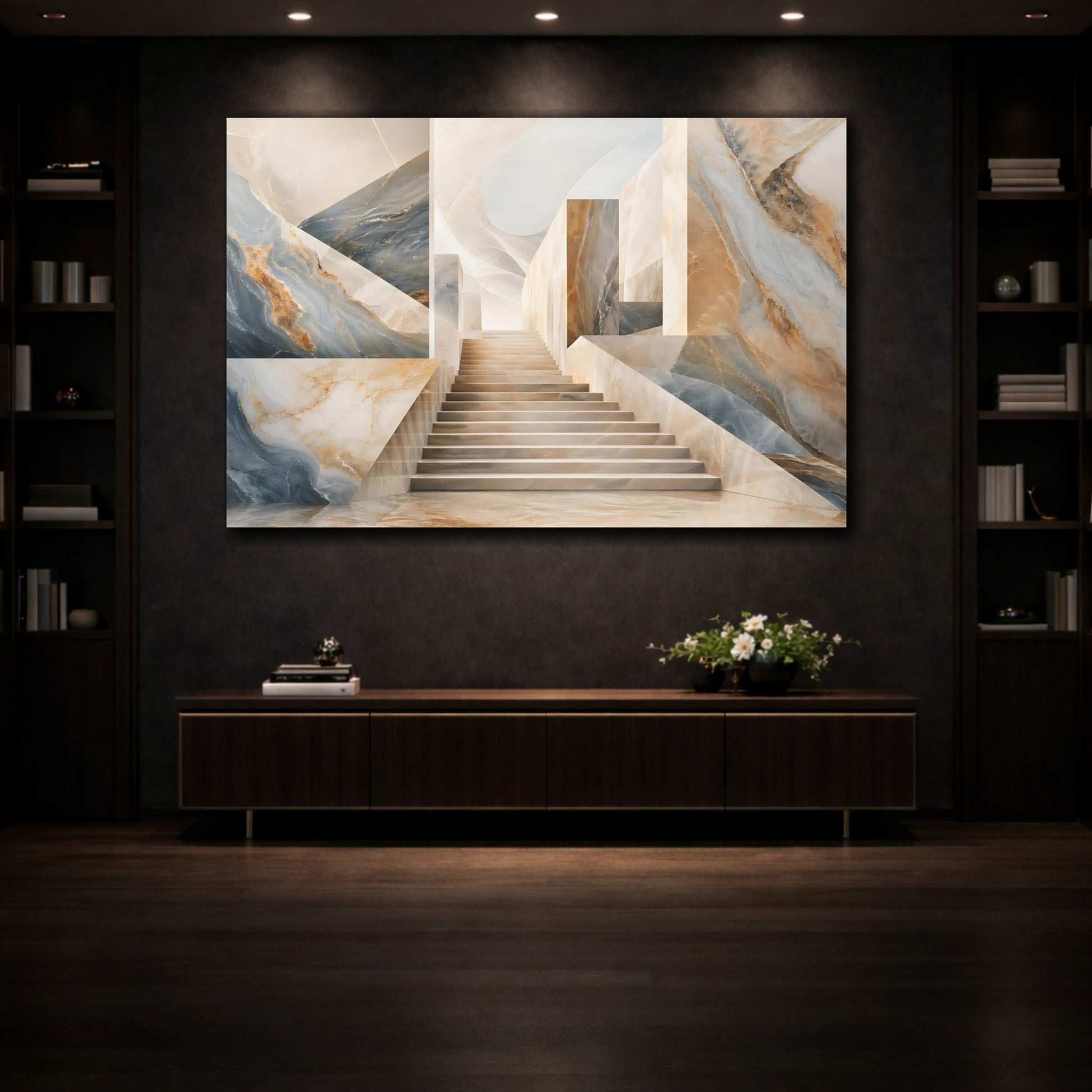 Mockup 3. Abstract Marble Stairs Blue And Beige Marble shown as stretched canvas wall art