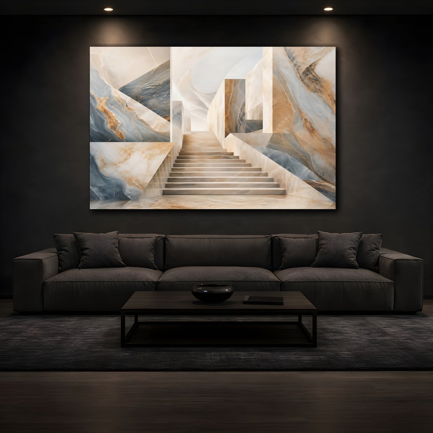 Mockup 4. Abstract Marble Stairs Blue And Beige Marble shown as stretched canvas wall art