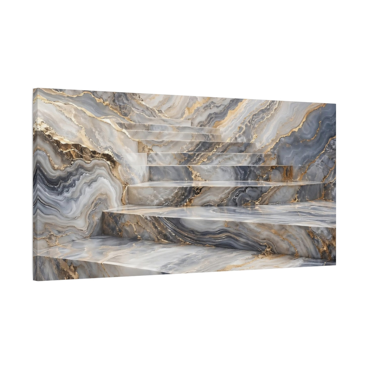 Main Mockup. Abstract Marble Stairs Grey And Gold Marble shown as stretched canvas wall art