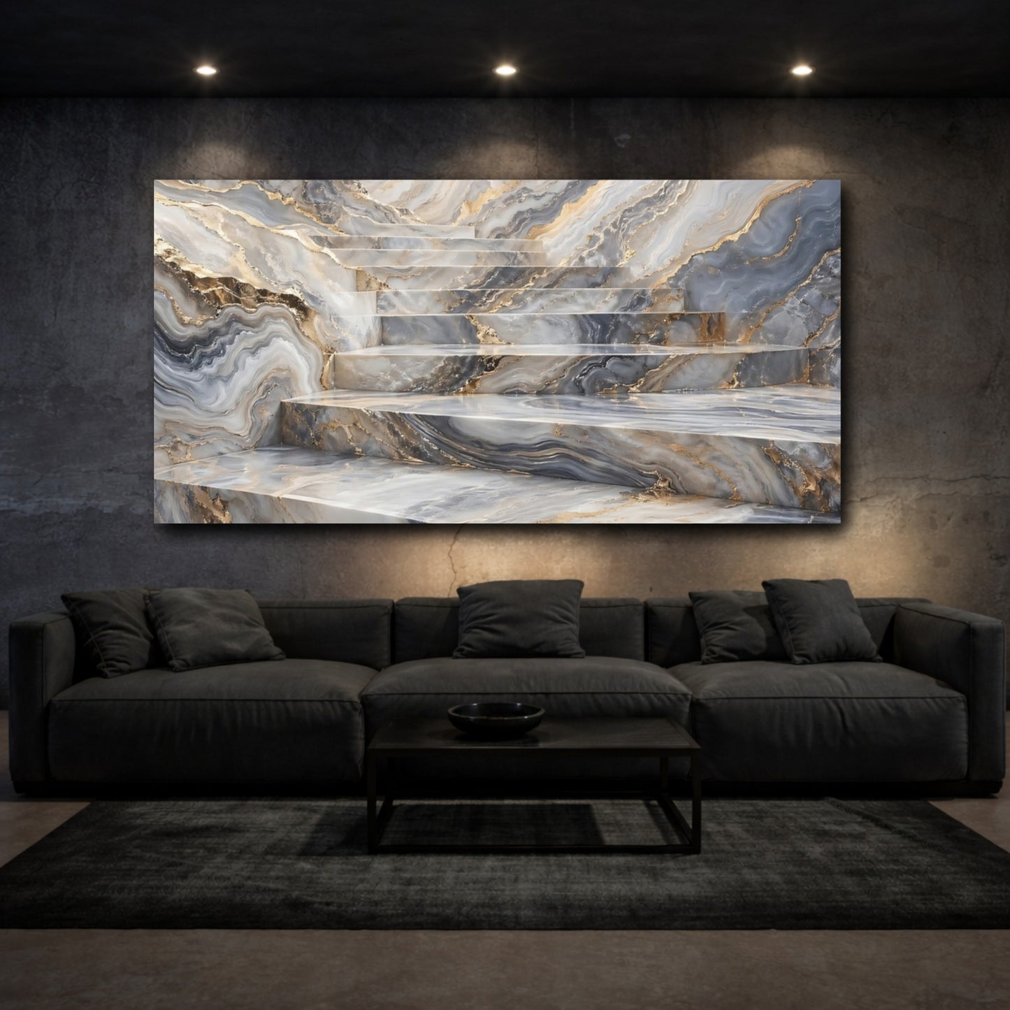 Mockup 2. Abstract Marble Stairs Grey And Gold Marble shown as stretched canvas wall art