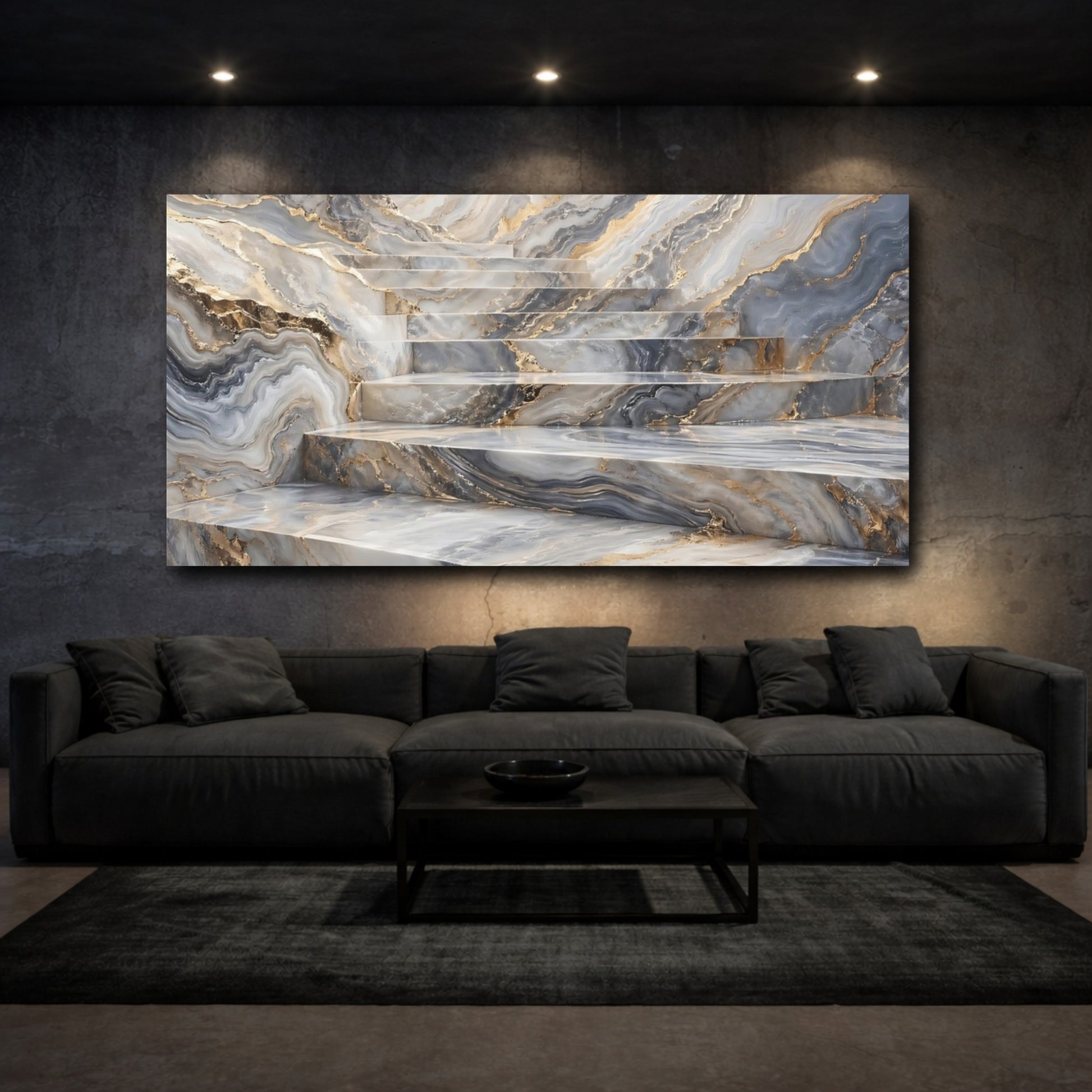 Mockup 2. Abstract Marble Stairs Grey And Gold Marble shown as stretched canvas wall art