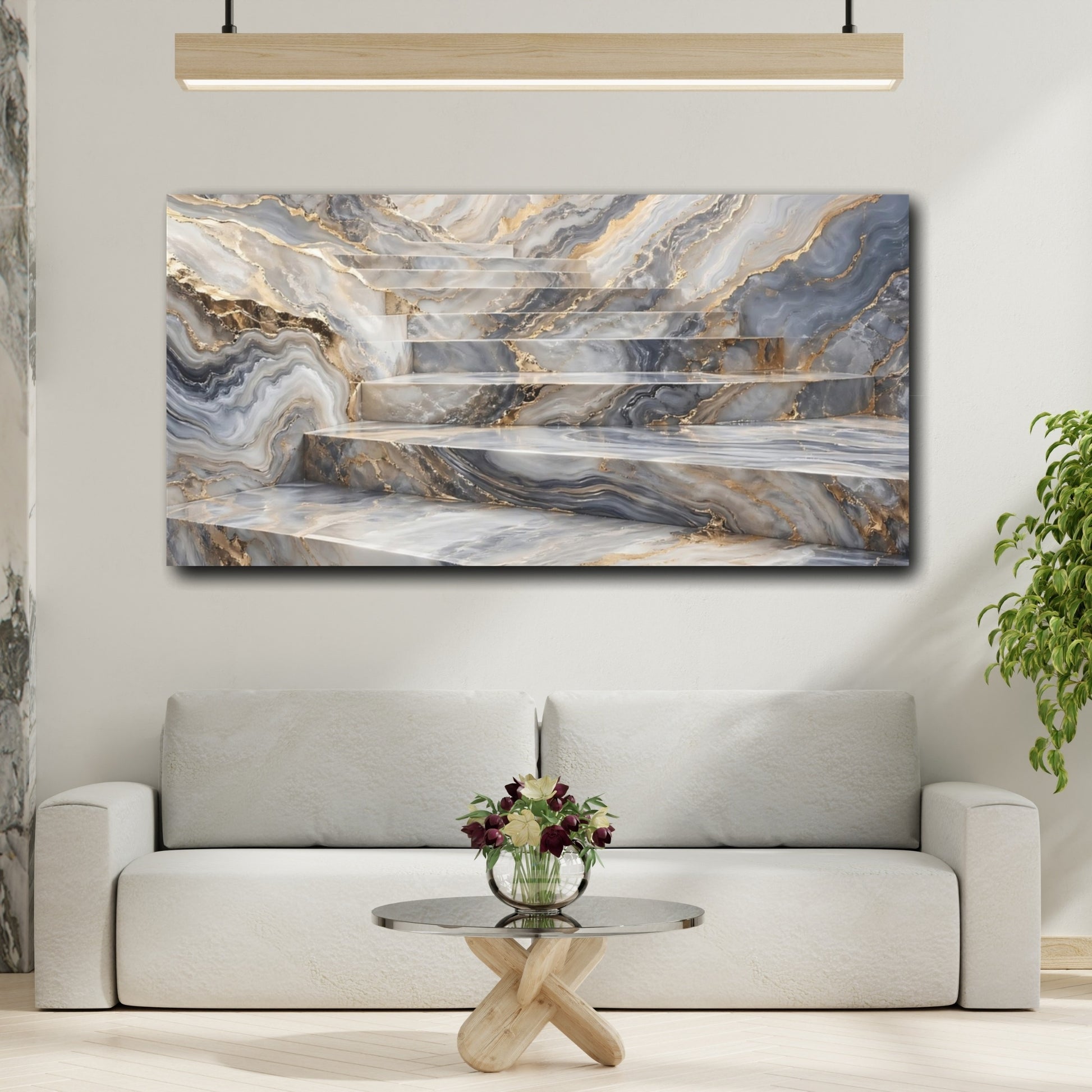 Mockup 3. Abstract Marble Stairs Grey And Gold Marble shown as stretched canvas wall art