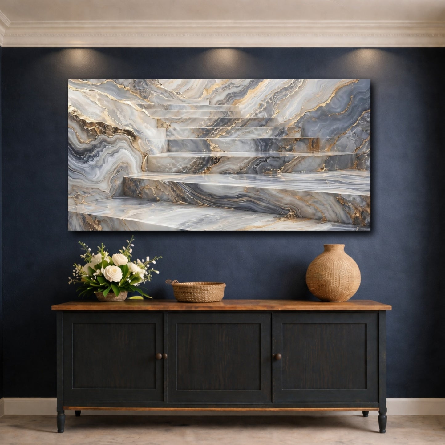 Mockup 4. Abstract Marble Stairs Grey And Gold Marble shown as stretched canvas wall art