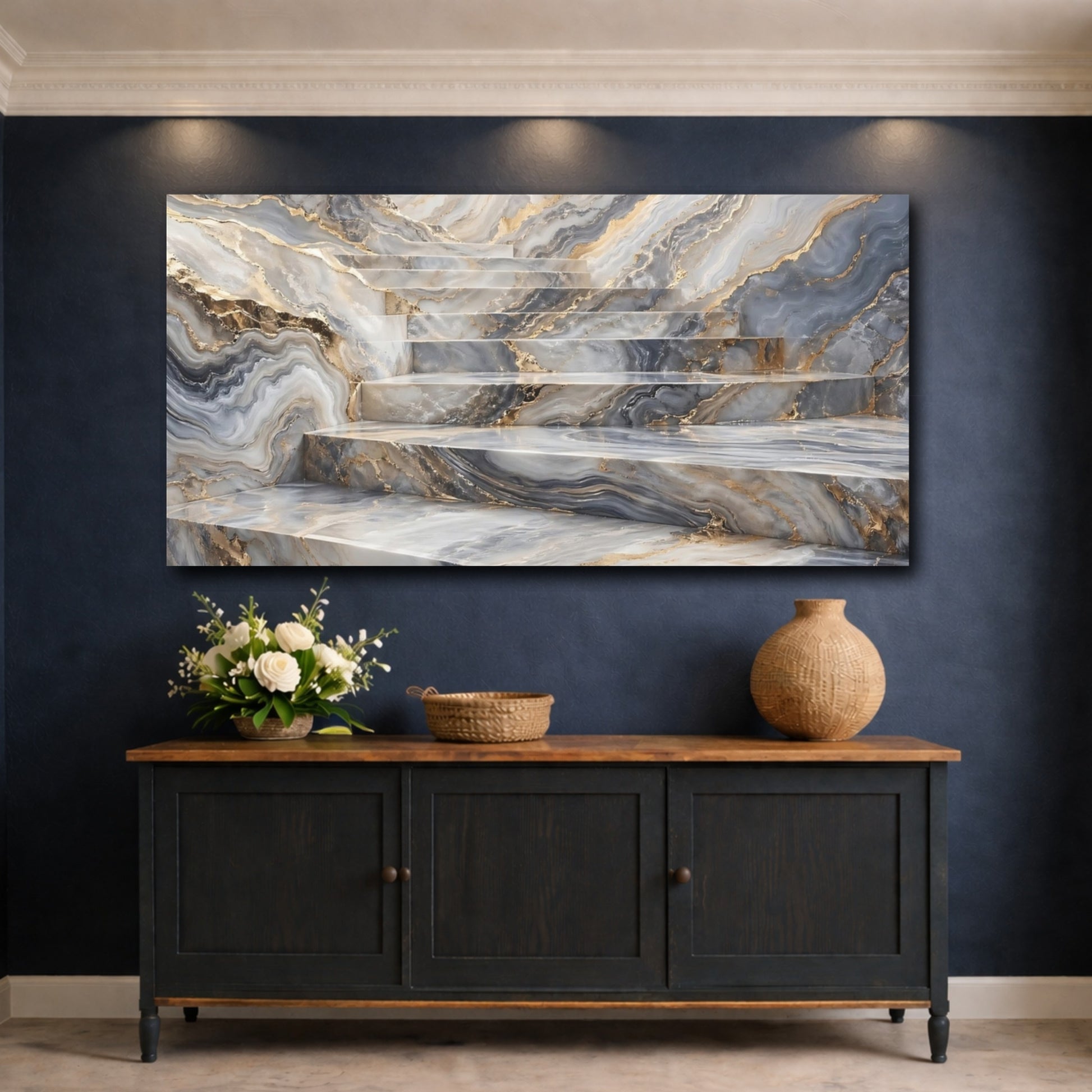 Mockup 4. Abstract Marble Stairs Grey And Gold Marble shown as stretched canvas wall art
