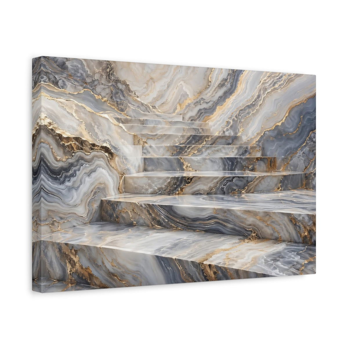 Side Mockup 4. Abstract Marble Stairs Grey Gold Marble shown as stretched canvas wall art