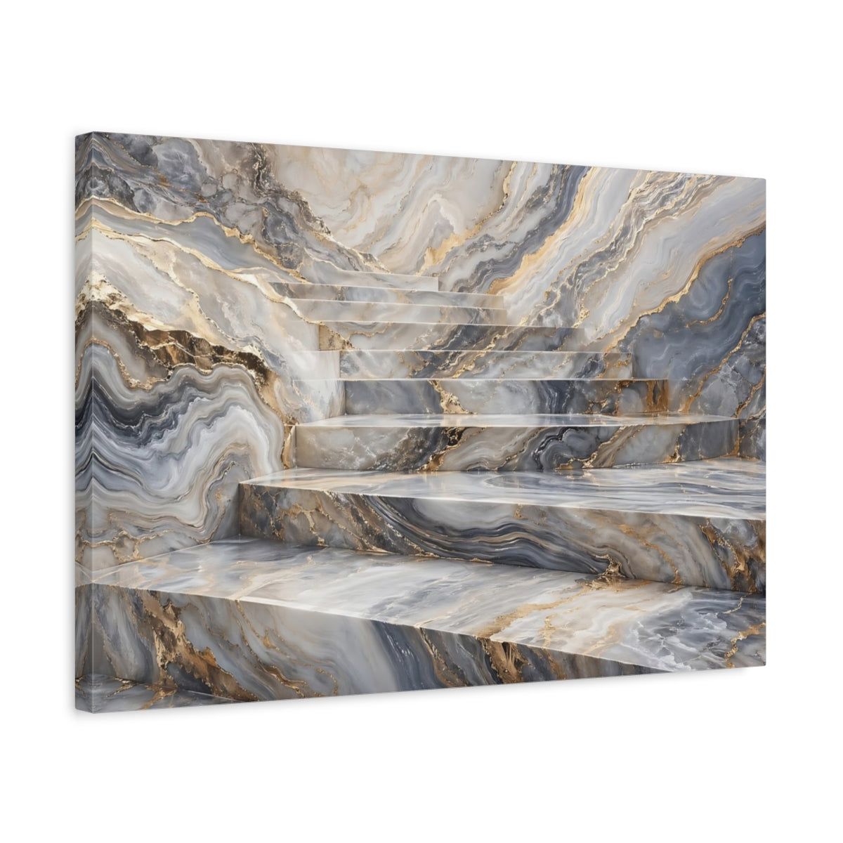 Side Mockup 3. Abstract Marble Stairs Grey Gold Marble shown as stretched canvas wall art