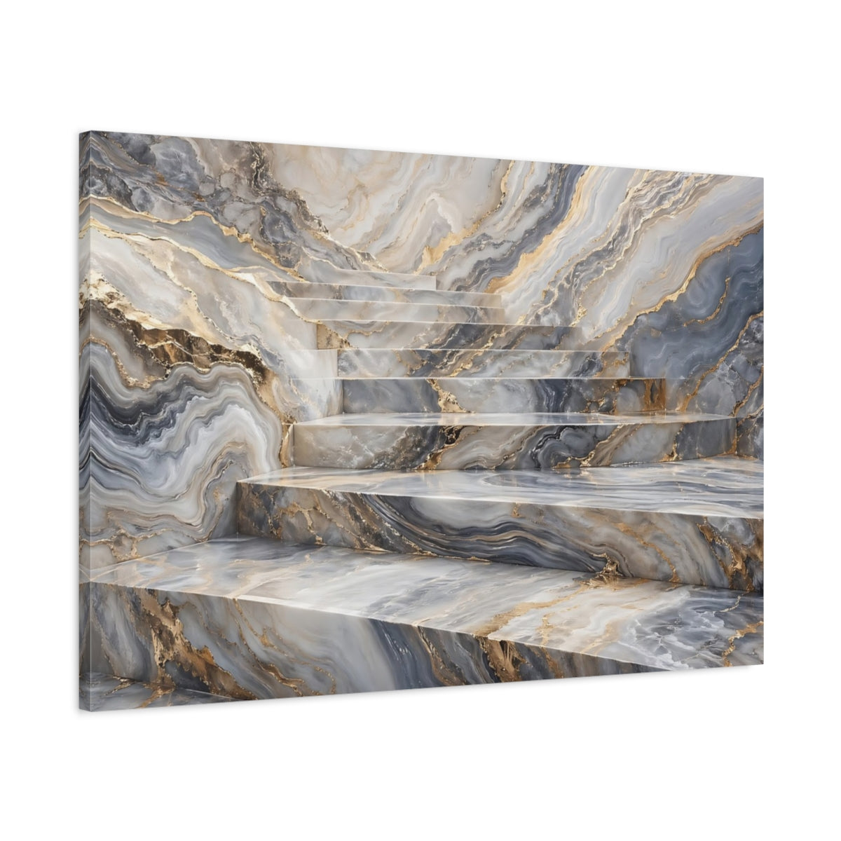 Main Mockup. Abstract Marble Stairs Grey Gold Marble shown as stretched canvas wall art