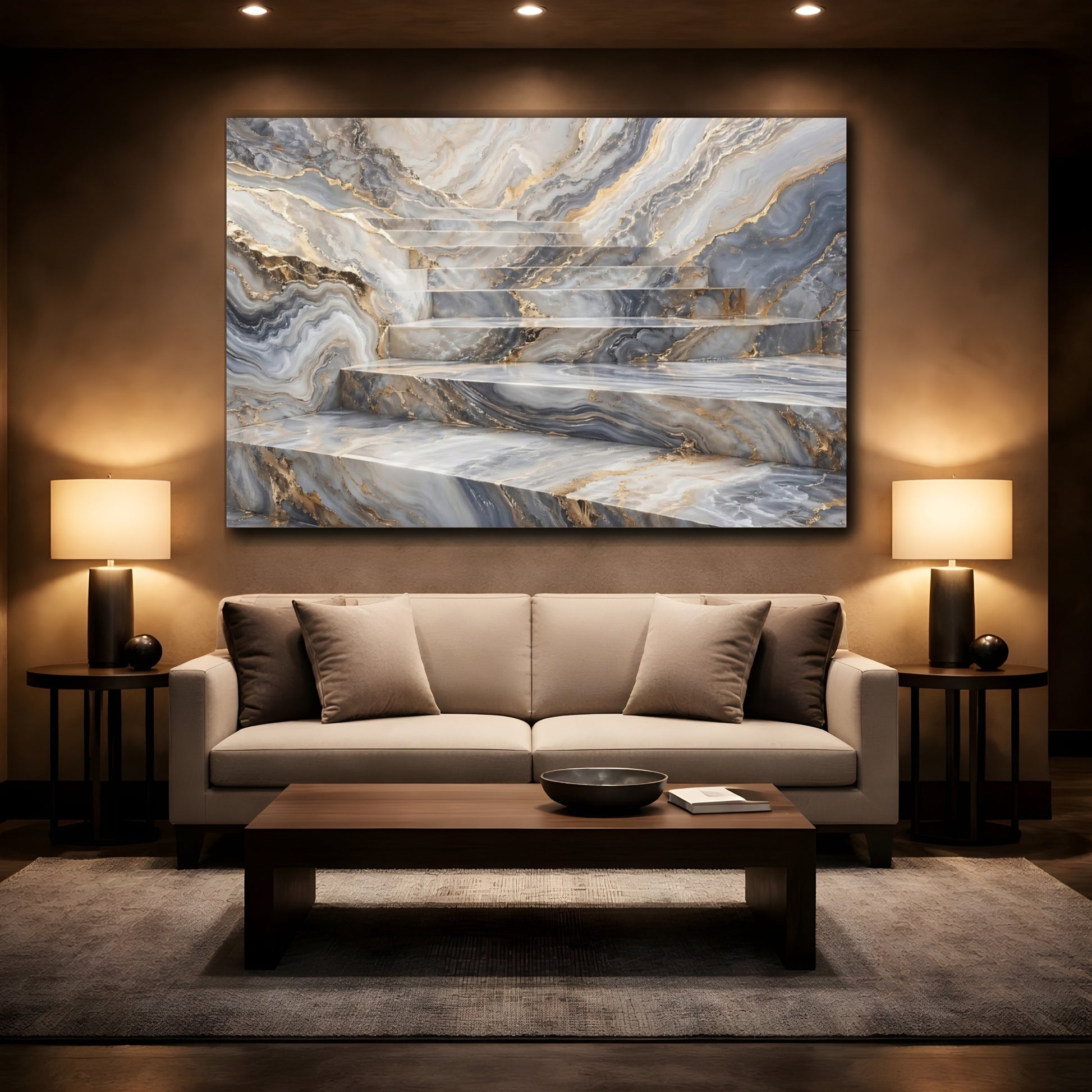 Mockup 2. Abstract Marble Stairs Grey Gold Marble shown as stretched canvas wall art