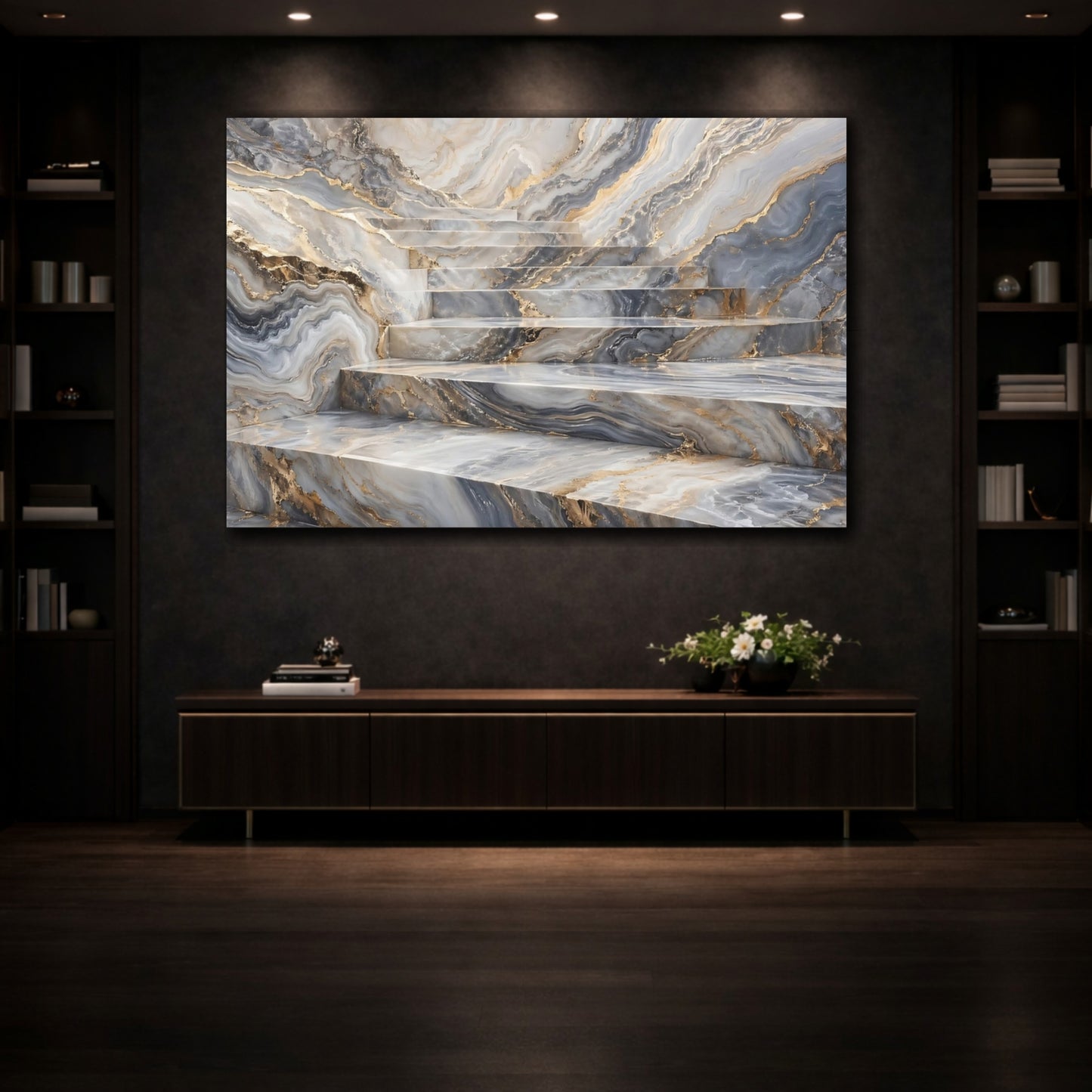 Mockup 3. Abstract Marble Stairs Grey Gold Marble shown as stretched canvas wall art