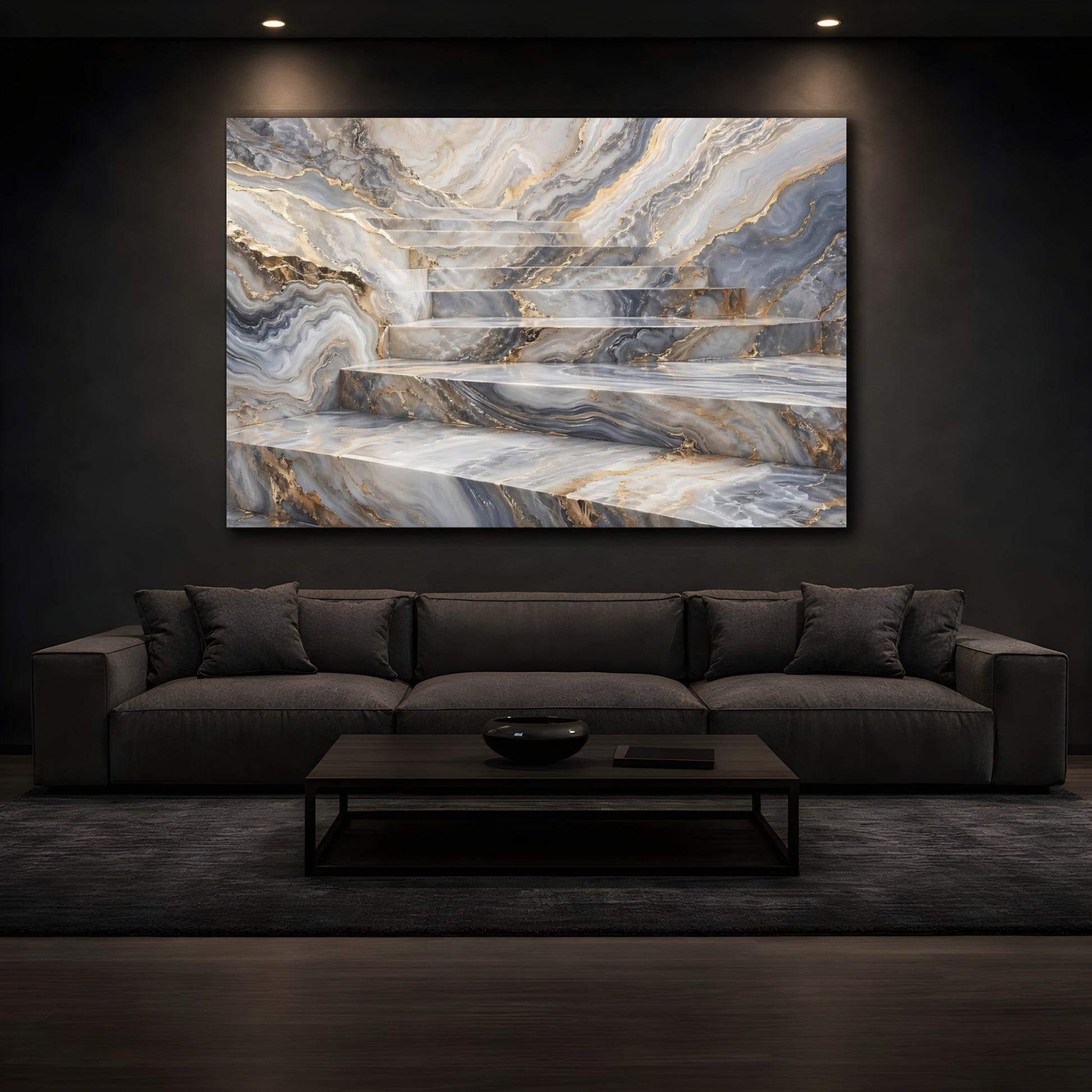 Mockup 4. Abstract Marble Stairs Grey Gold Marble shown as stretched canvas wall art