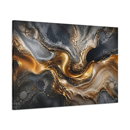 Main Mockup. Abstract Marble Swirl Gold And Gray shown as stretched canvas wall art
