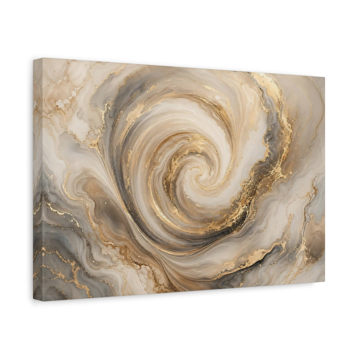 Side Mockup 4. Abstract Marble Swirl Gold And Gray shown as stretched canvas wall art