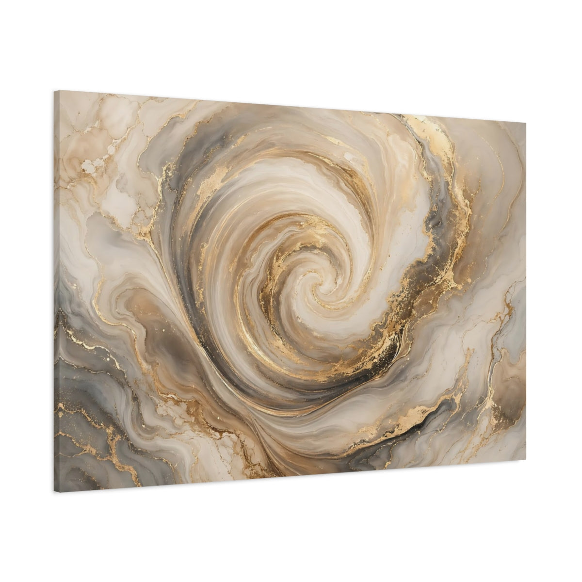 Side Mockup 1. Abstract Marble Swirl Gold And Gray shown as stretched canvas wall art