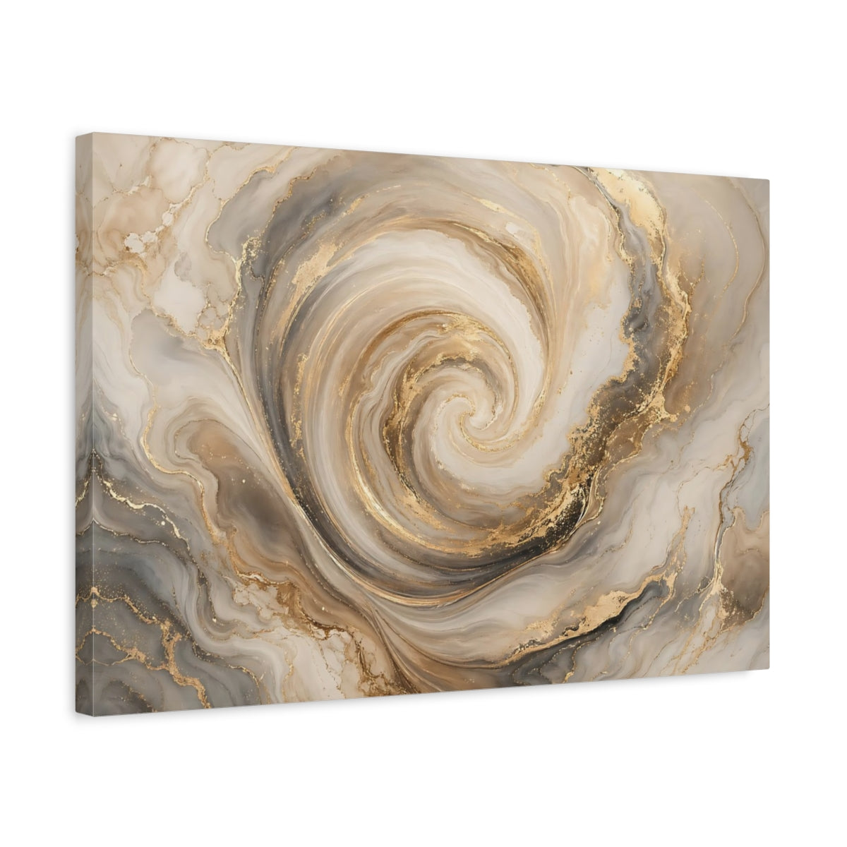 Side Mockup 3. Abstract Marble Swirl Gold And Gray shown as stretched canvas wall art