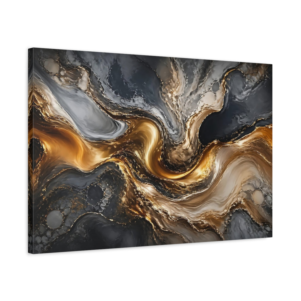 Side Mockup 2. Abstract Marble Swirl Gold And Gray shown as stretched canvas wall art