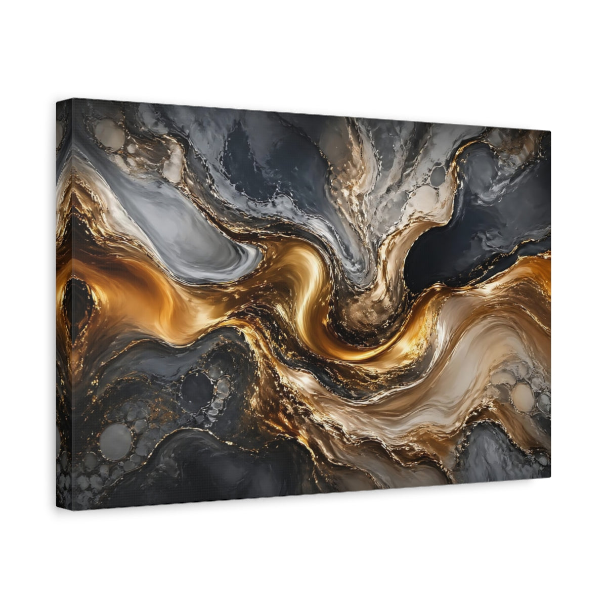 Side Mockup 4. Abstract Marble Swirl Gold And Gray shown as stretched canvas wall art