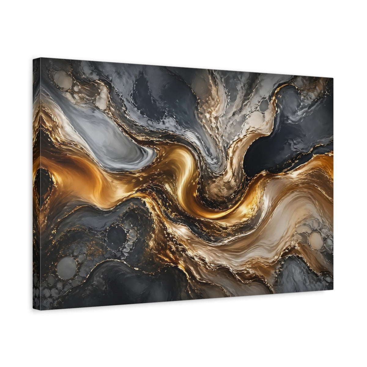 Side Mockup 3. Abstract Marble Swirl Gold And Gray shown as stretched canvas wall art
