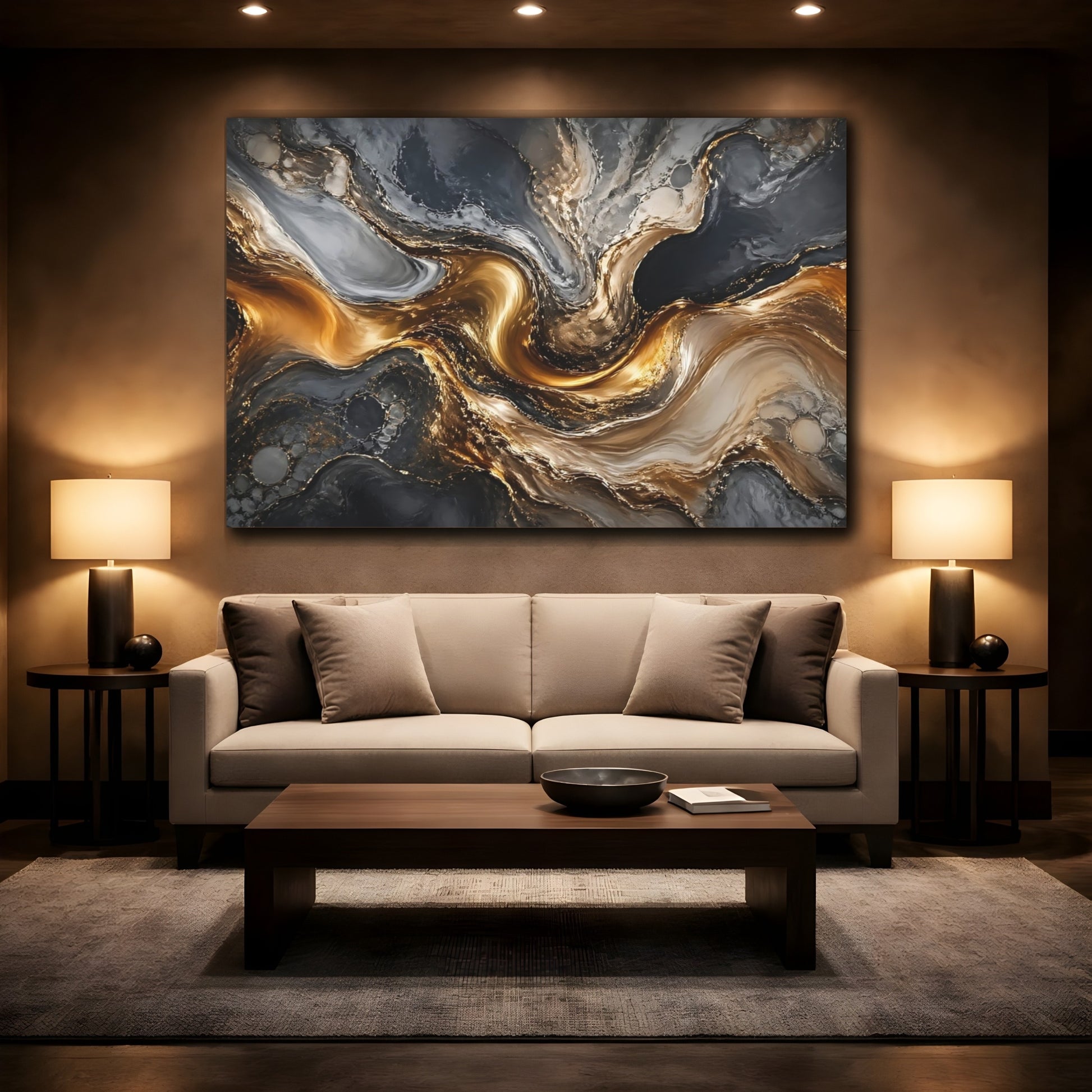 Mockup 2. Abstract Marble Swirl Gold And Gray shown as stretched canvas wall art