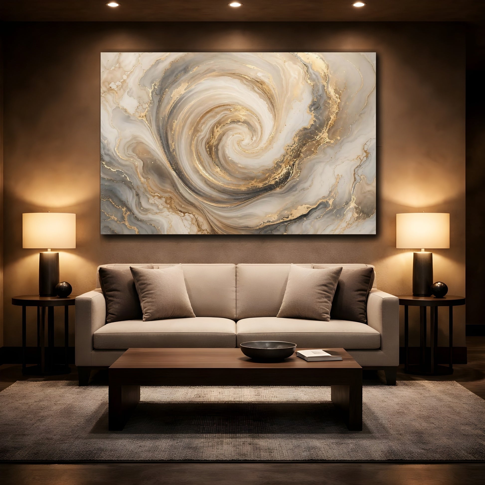 Mockup 2. Abstract Marble Swirl Gold And Gray shown as stretched canvas wall art