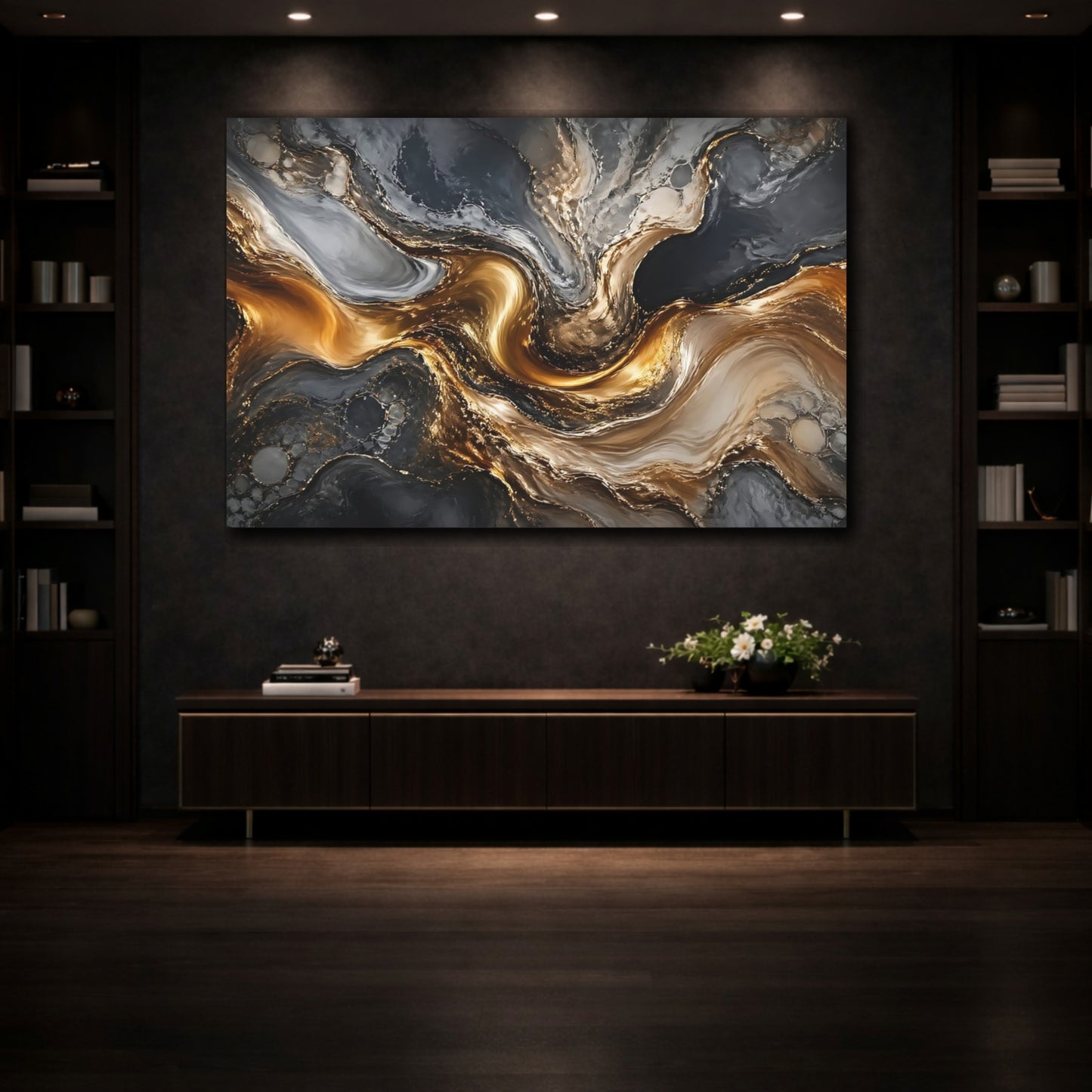 Mockup 3. Abstract Marble Swirl Gold And Gray shown as stretched canvas wall art
