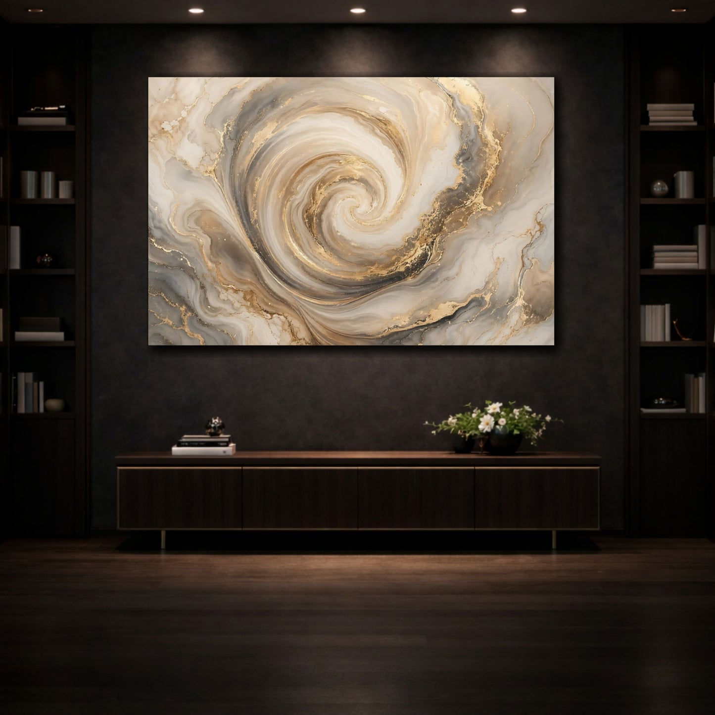 Mockup 3. Abstract Marble Swirl Gold And Gray shown as stretched canvas wall art