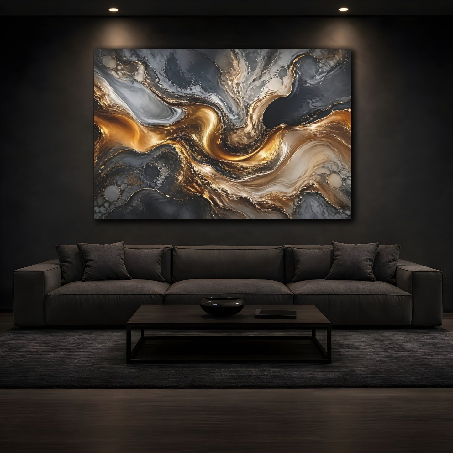 Mockup 4. Abstract Marble Swirl Gold And Gray shown as stretched canvas wall art