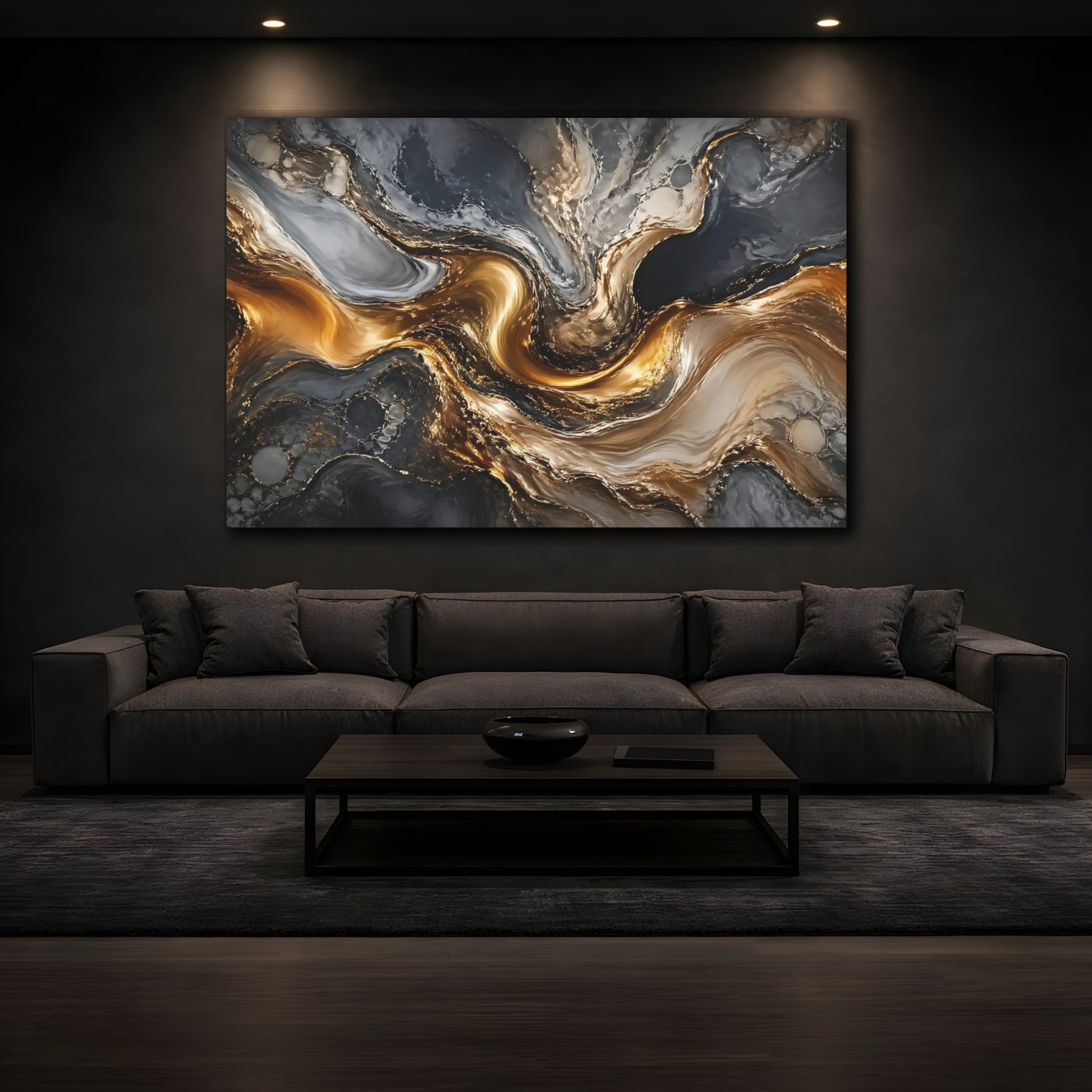 Mockup 4. Abstract Marble Swirl Gold And Gray shown as stretched canvas wall art