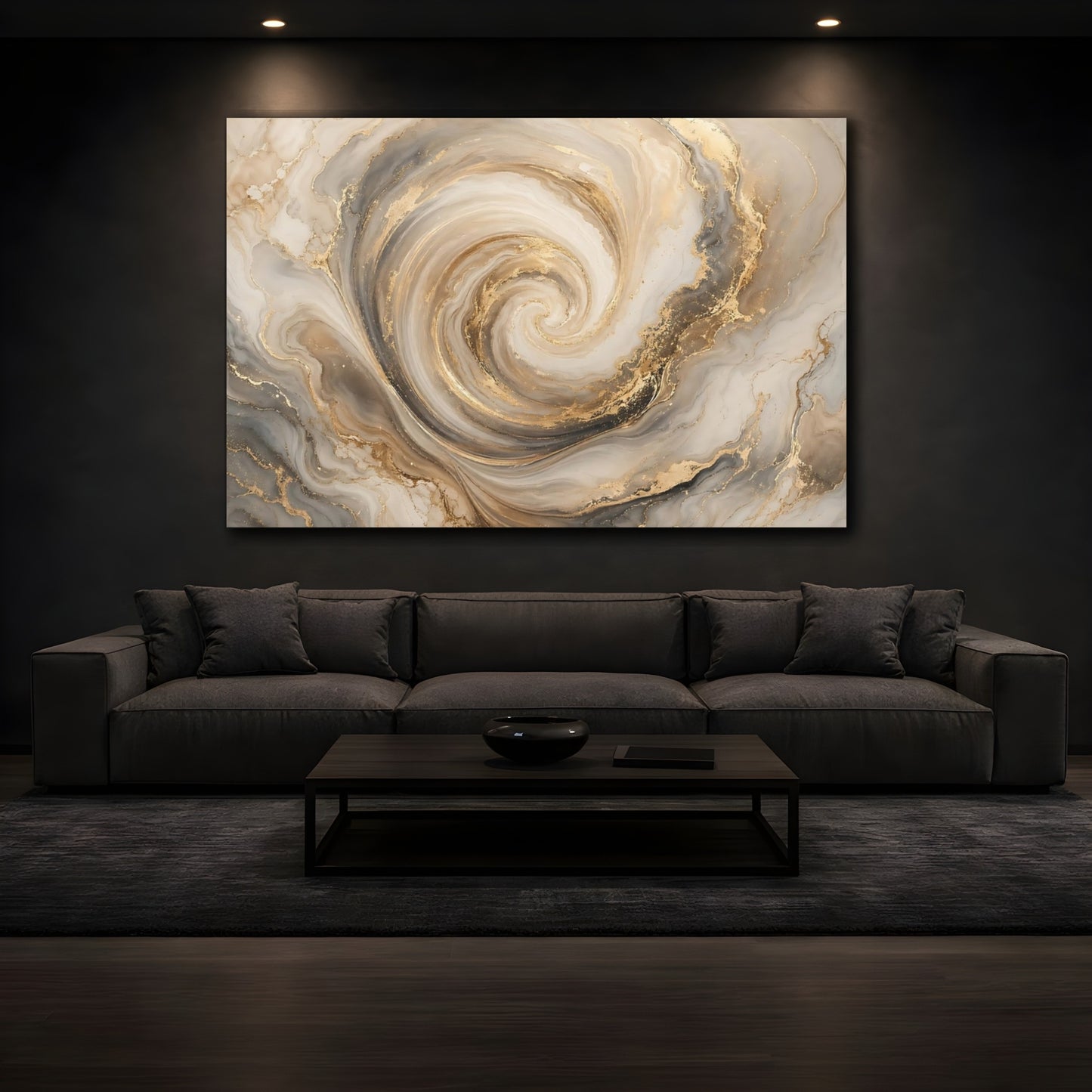 Mockup 4. Abstract Marble Swirl Gold And Gray shown as stretched canvas wall art