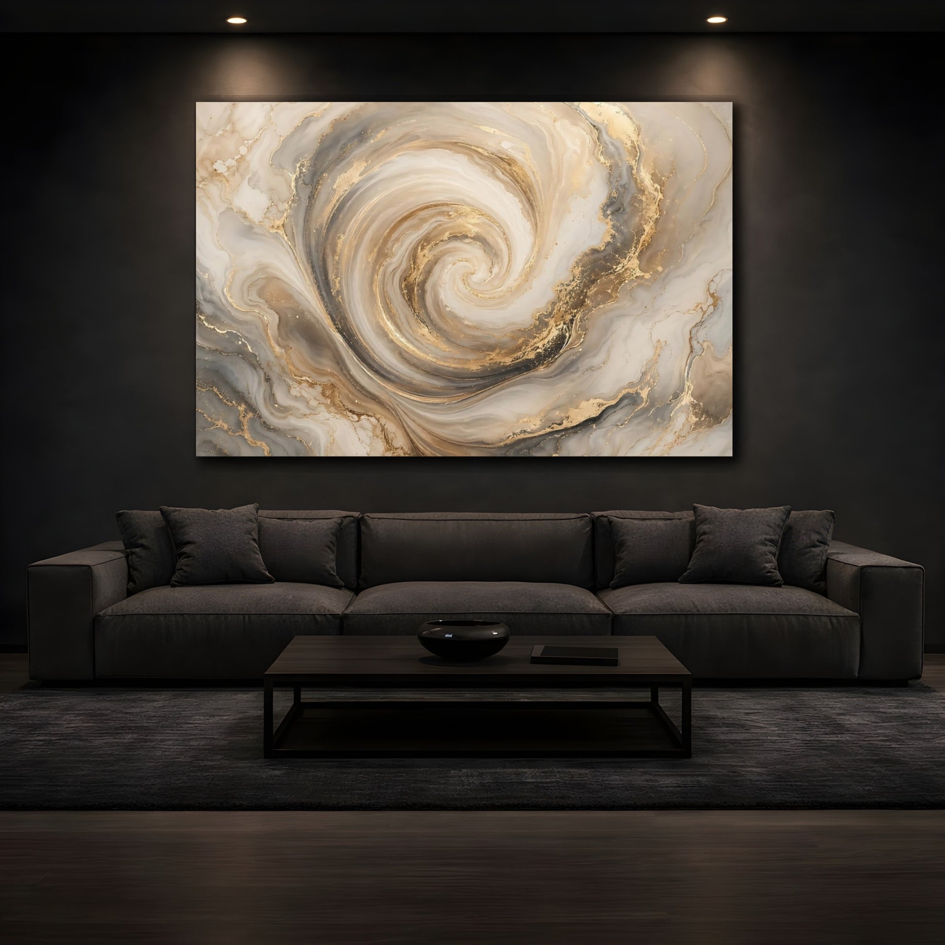 Mockup 4. Abstract Marble Swirl Gold And Gray shown as stretched canvas wall art