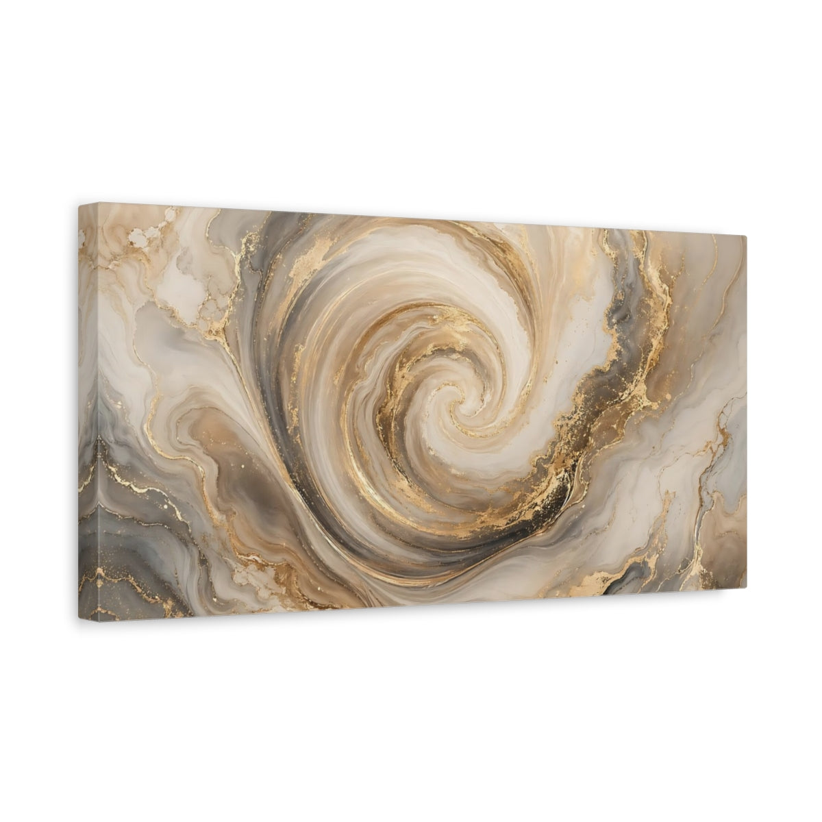 Side Mockup 3. Abstract Marble Swirl Gold And Grey shown as stretched canvas wall art