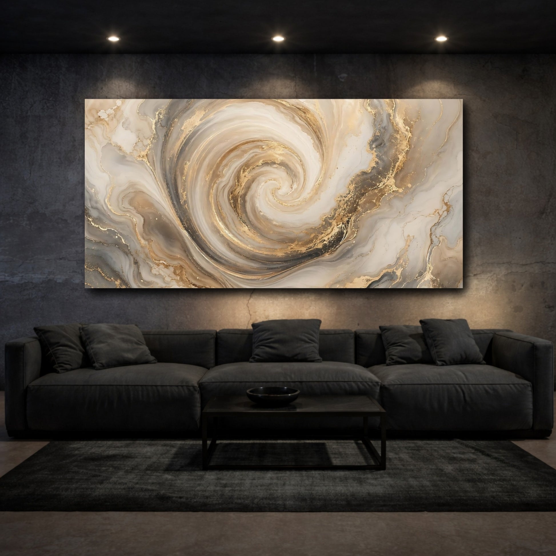 Mockup 2. Abstract Marble Swirl Gold And Grey shown as stretched canvas wall art