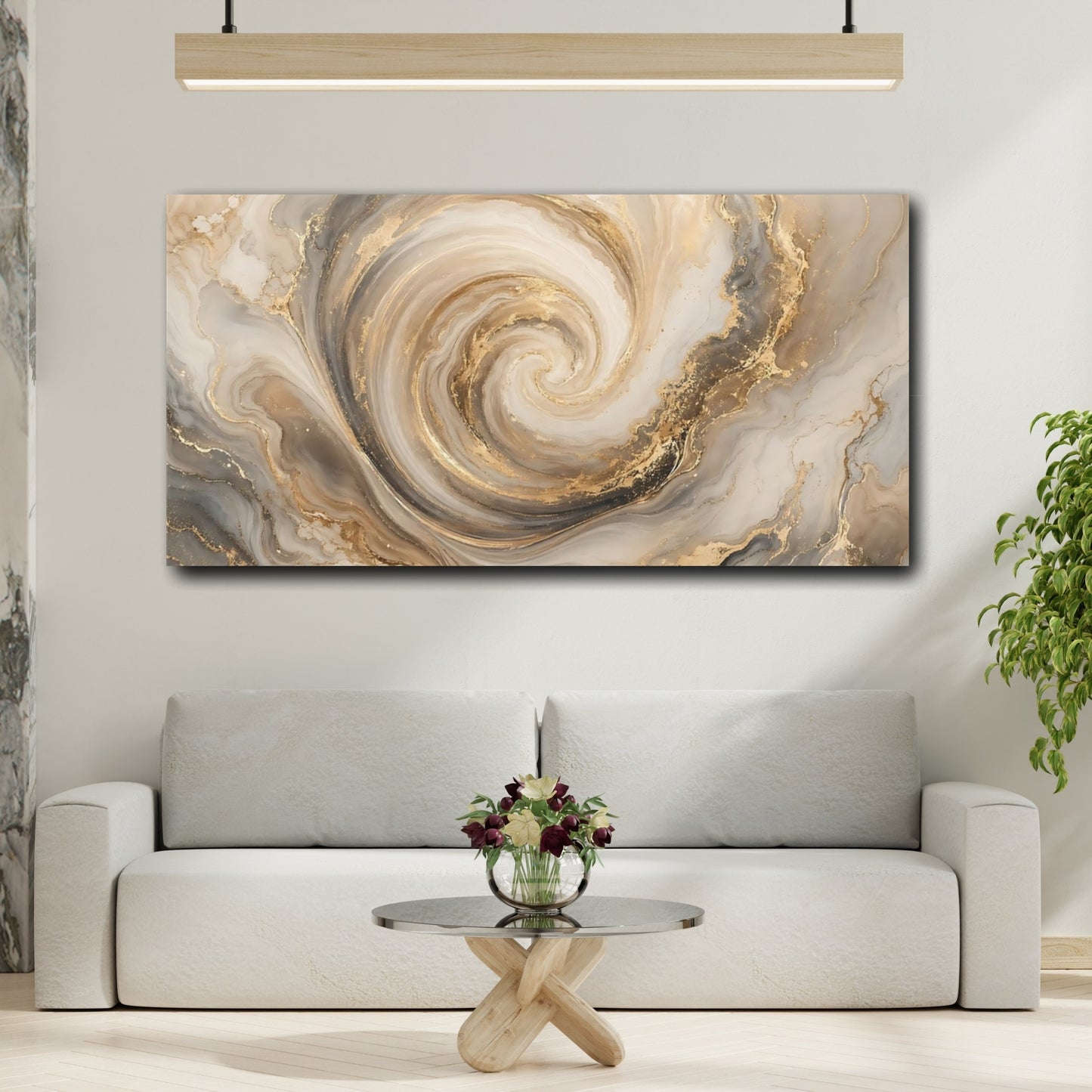 Mockup 3. Abstract Marble Swirl Gold And Grey shown as stretched canvas wall art