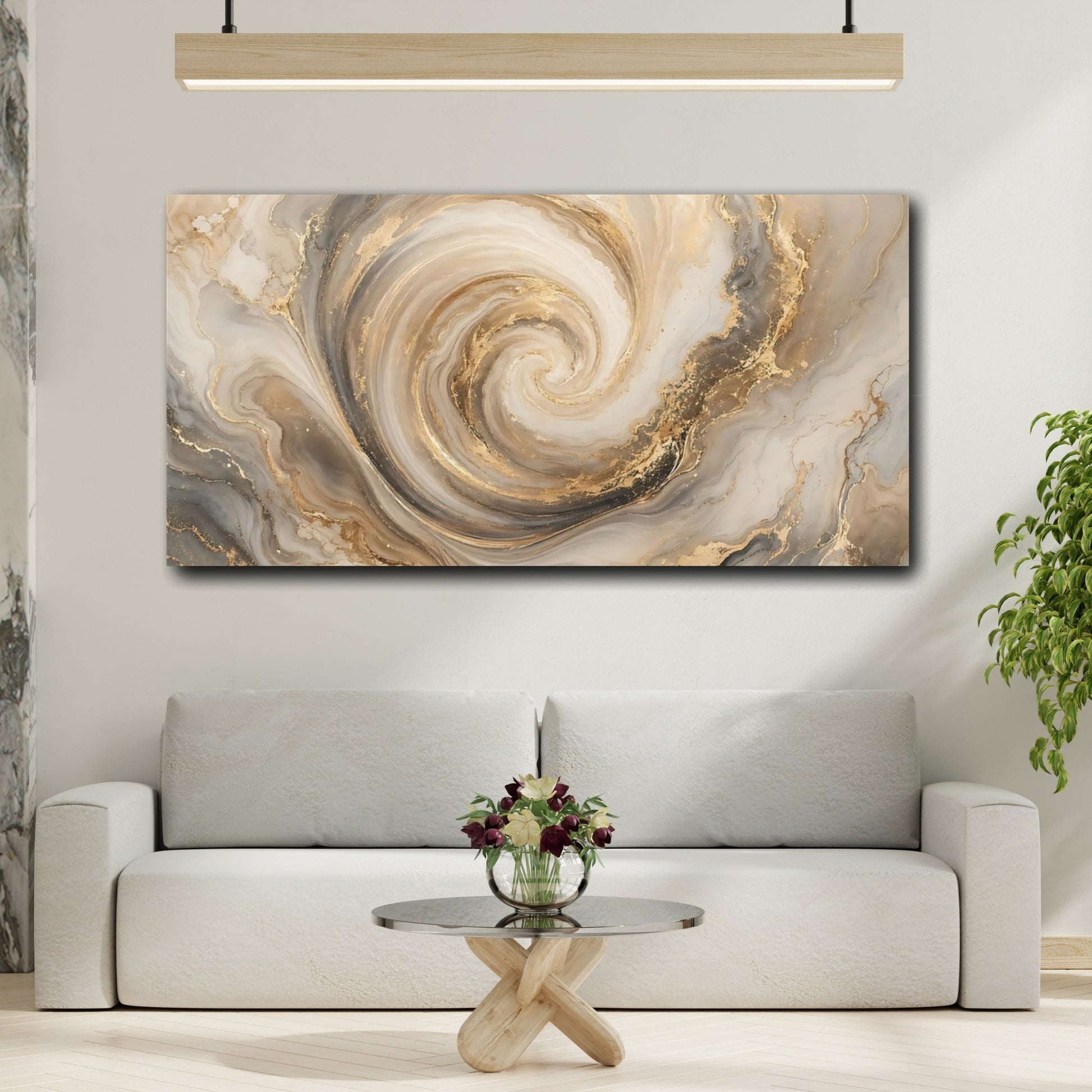 Mockup 3. Abstract Marble Swirl Gold And Grey shown as stretched canvas wall art