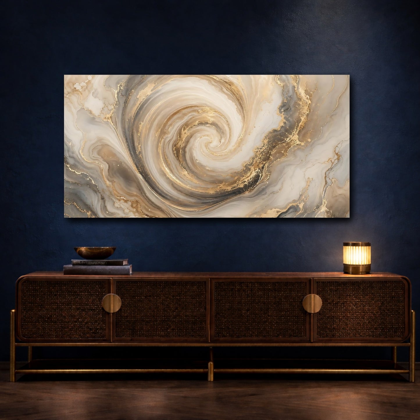Mockup 4. Abstract Marble Swirl Gold And Grey shown as stretched canvas wall art