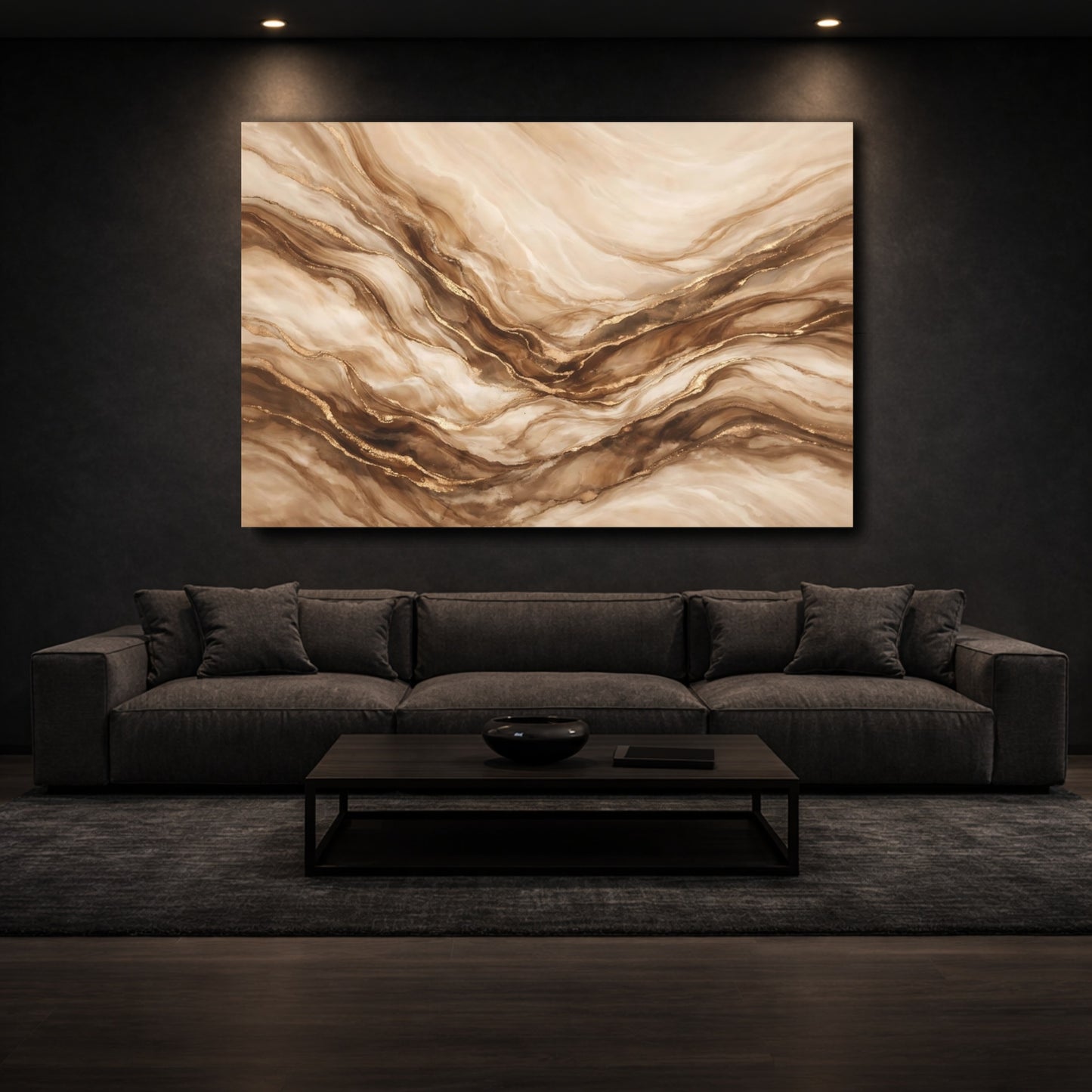 Mockup 2. Abstract Marble Texture Beige And Gold shown as stretched canvas wall art