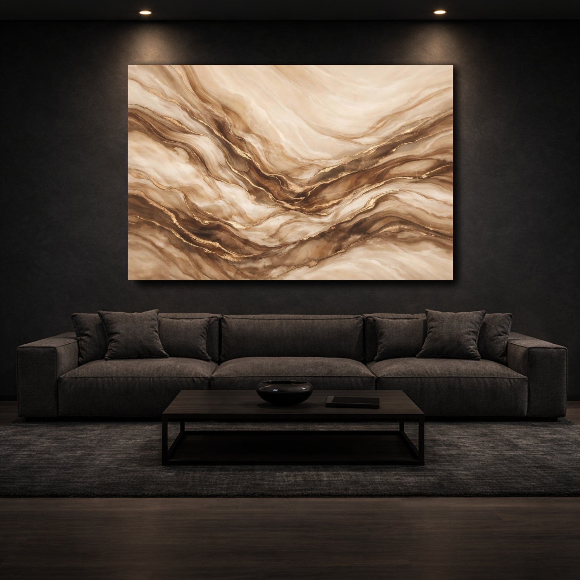 Mockup 2. Abstract Marble Texture Beige And Gold shown as stretched canvas wall art
