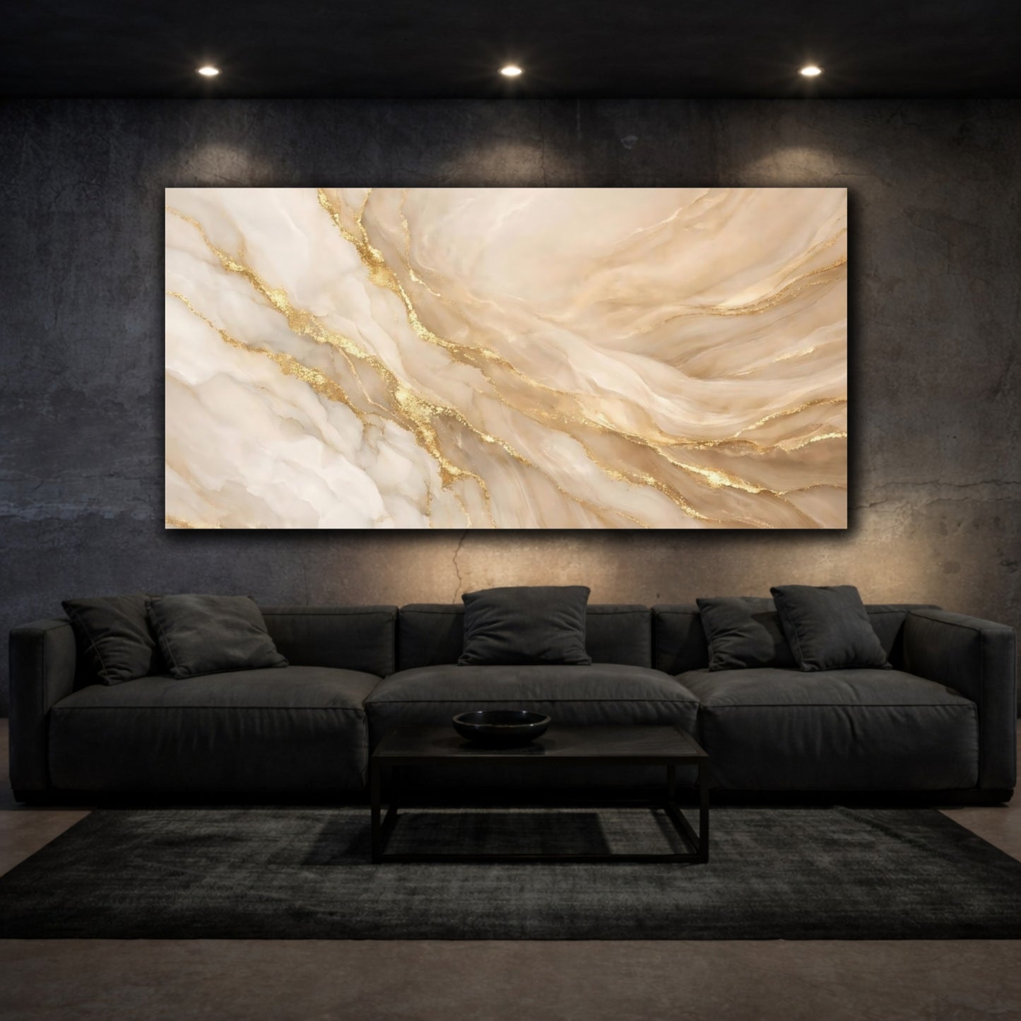 Mockup 2. Abstract Marble Texture Beige And Gold shown as stretched canvas wall art