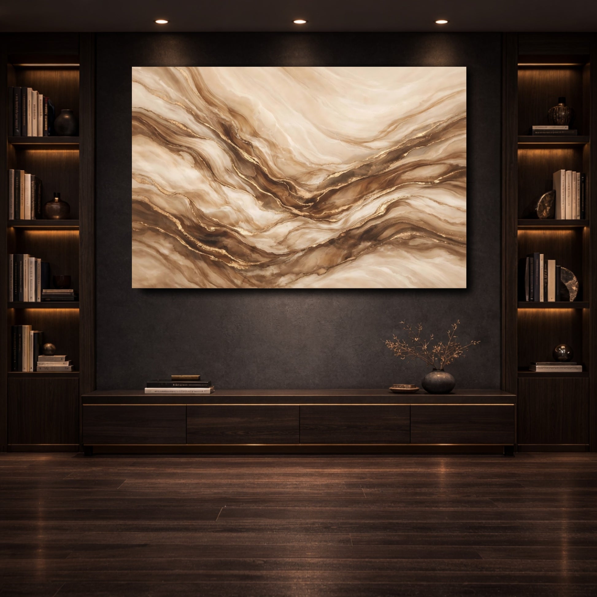 Mockup 3. Abstract Marble Texture Beige And Gold shown as stretched canvas wall art