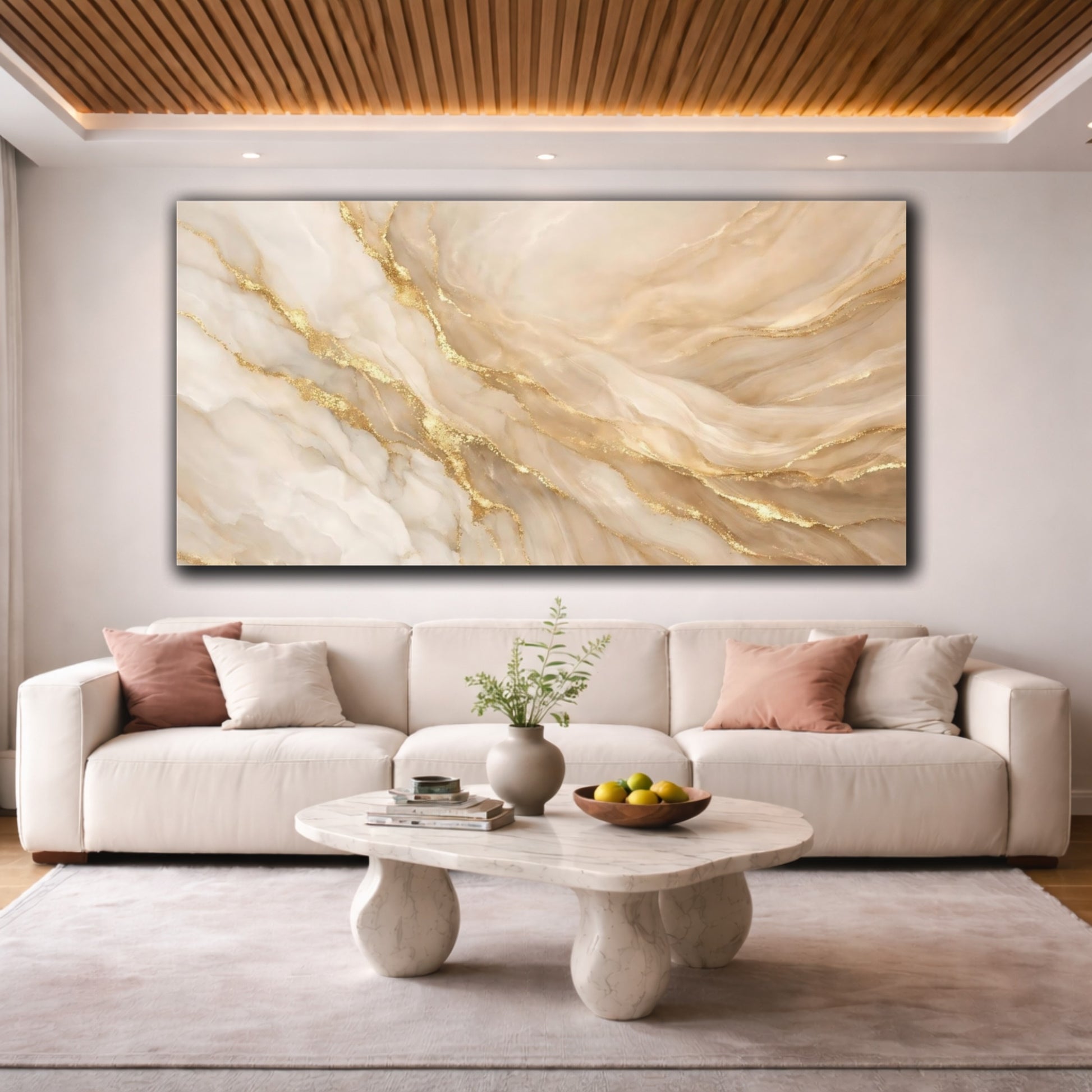 Mockup 3. Abstract Marble Texture Beige And Gold shown as stretched canvas wall art