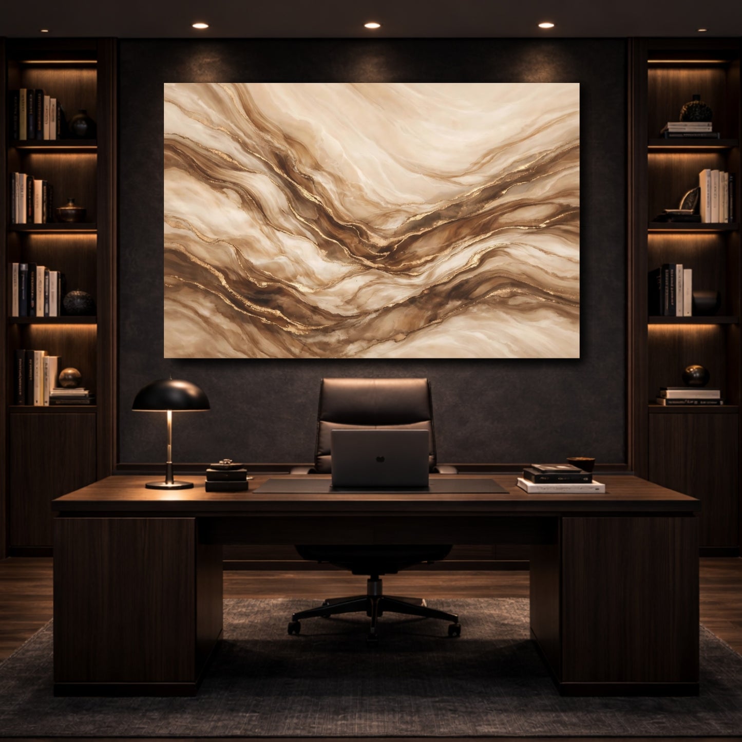 Mockup 4. Abstract Marble Texture Beige And Gold shown as stretched canvas wall art
