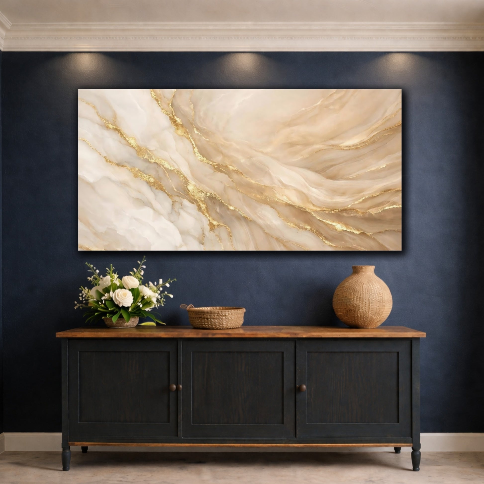 Mockup 4. Abstract Marble Texture Beige And Gold shown as stretched canvas wall art