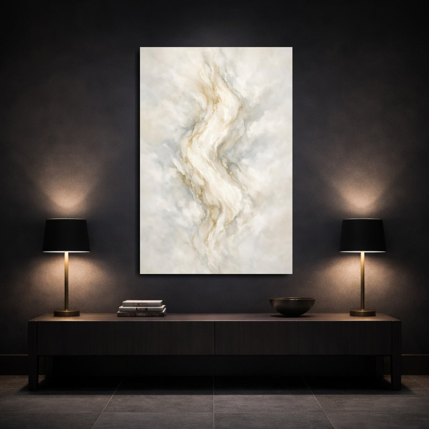 Mockup 2. Abstract Marble Texture Beige Gold Abstract shown as stretched canvas wall art